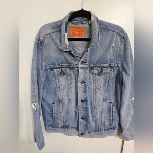 72334 Levi's Mens Stonewash Blue Denim Trucker Jean Jacket Size Lg  Distressed